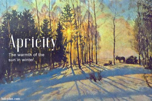 apricity definition: The warmness of the Sun in Winter. Albert Bierstadt - Winter in Yosemite. Unknown Date.